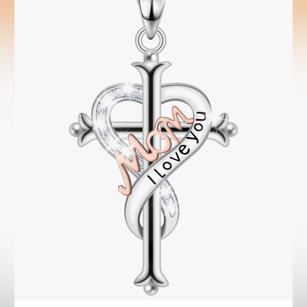 Sterling Cross 'MOM I Love You' Heart Pendant Necklace - Silver & Rose Gold